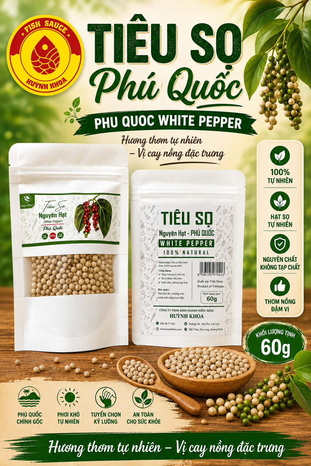 Tiêu sọ Phú Quốc túi 60g - Phu Quoc White Pepper